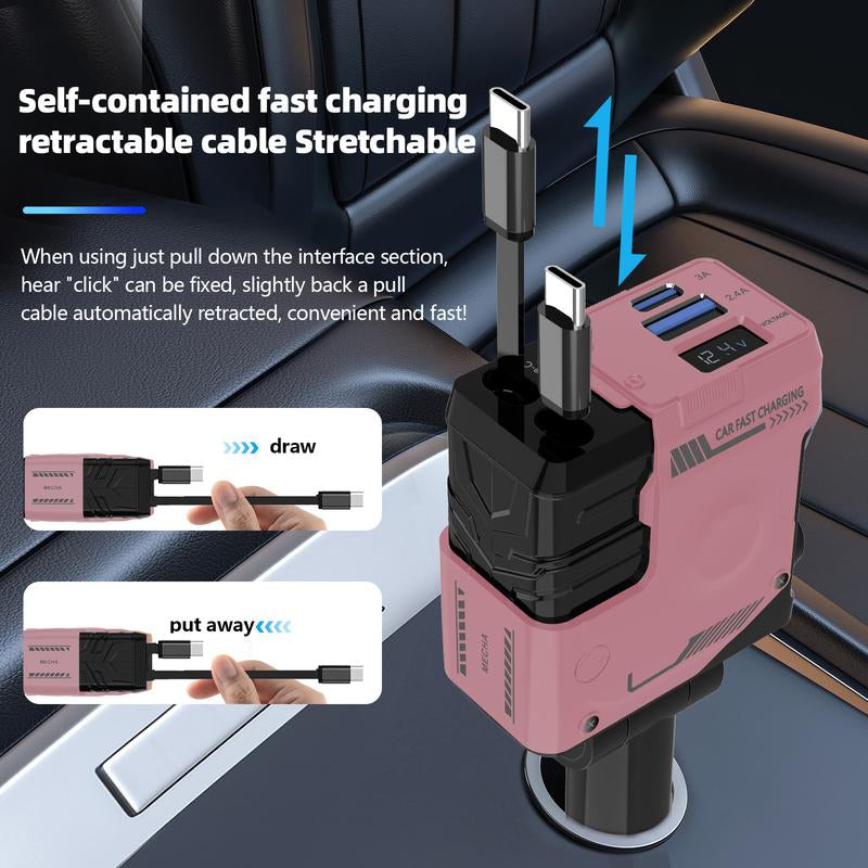 JOYTUTUS 66W Hypercharge Car Charger with Telescopic Cord, 4-In-1 Cigarette Lighter Plug for Iphone, Samsung & More - Fast & Flash Charge Automotive